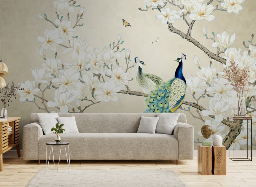 Pfau mit Magnolienblüte Fototapete