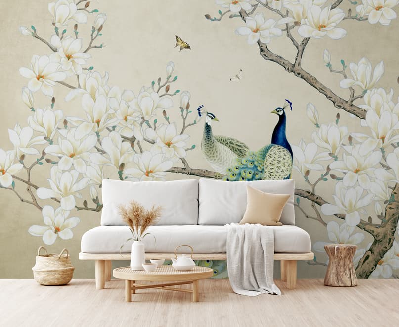 Pfau mit Magnolienblüte Fototapete
