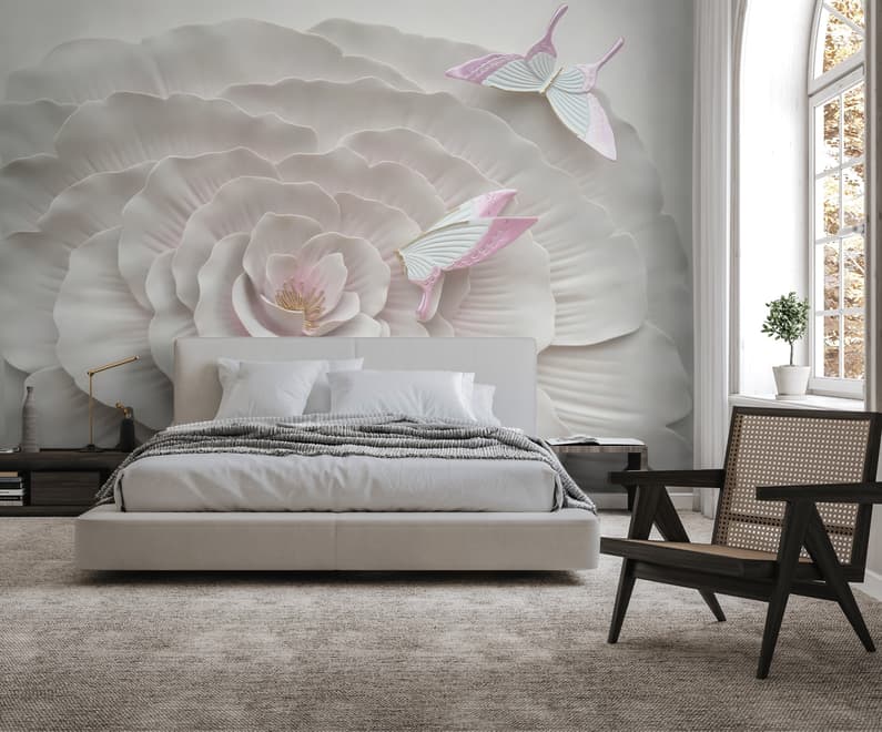 3D Embossed Look Flowers and Butterfly Wallpaper Mural