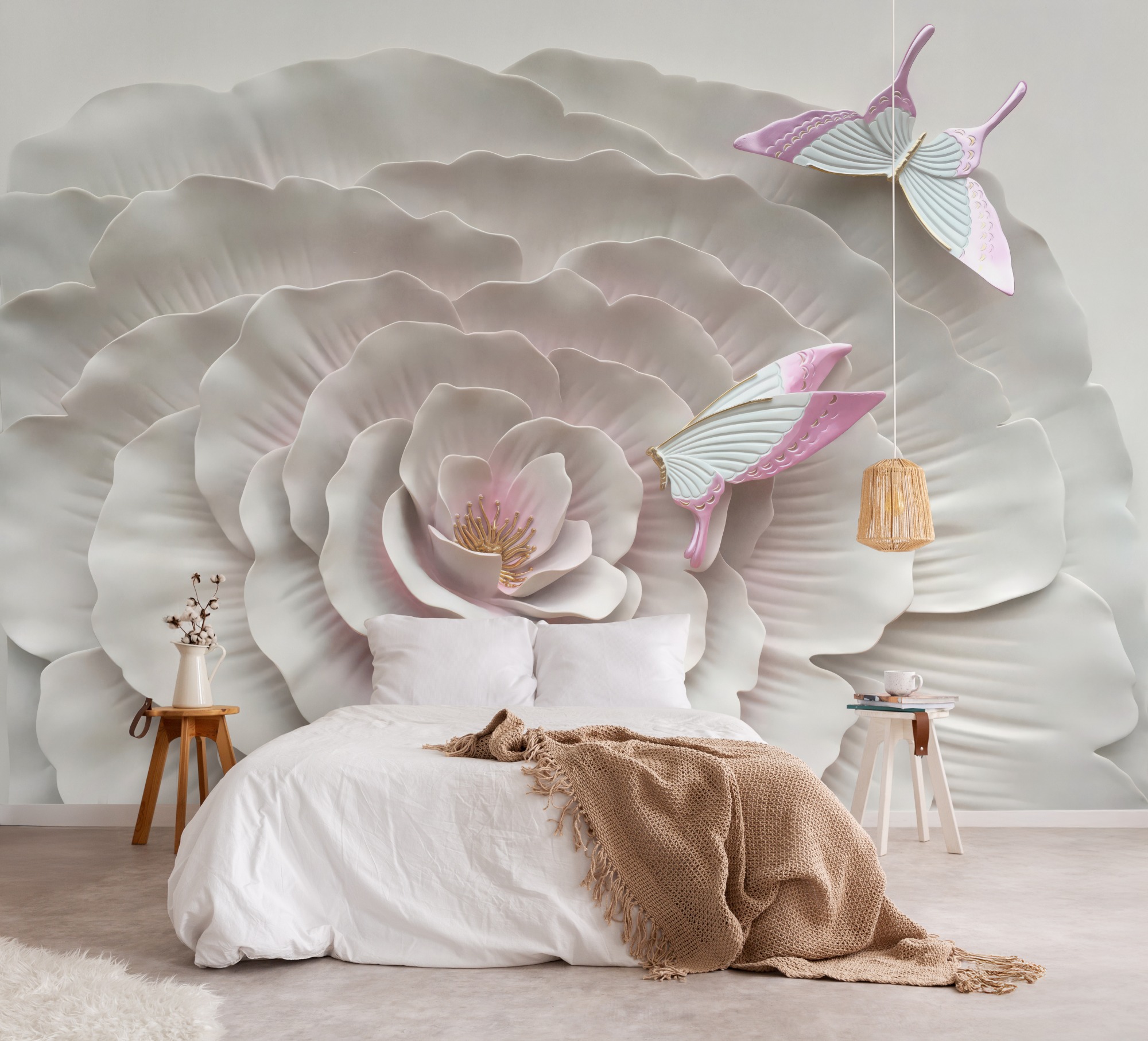 3D Embossed Look Flowers and Butterfly Wallpaper Mural