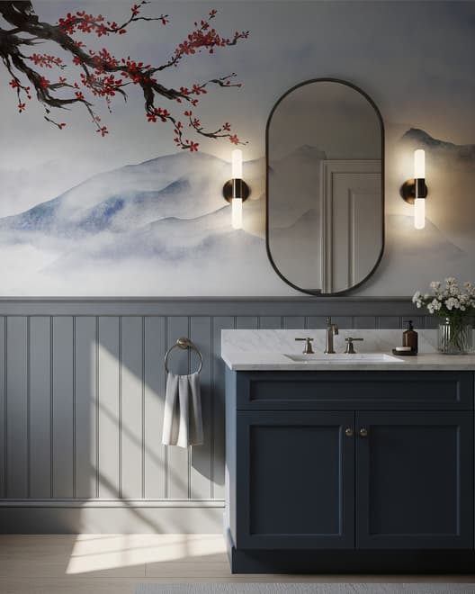 Snowy Mountainscape with Cherry Blossom Wallpaper Mural