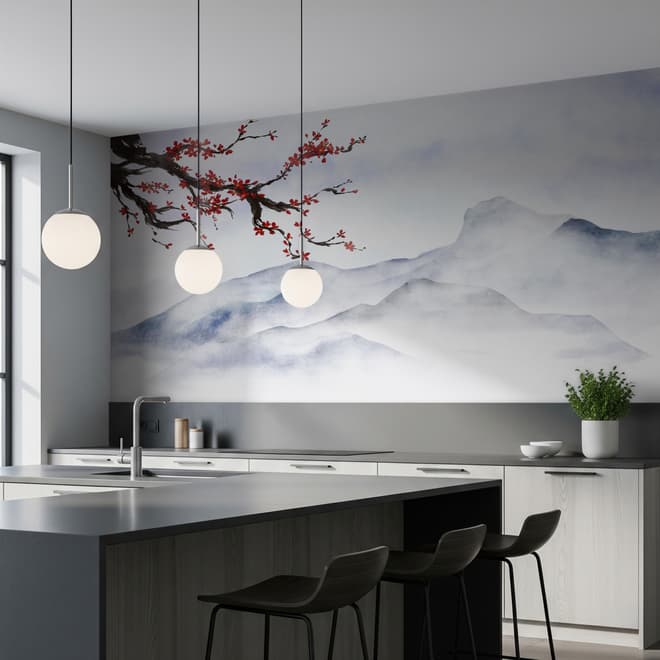Snowy Mountainscape with Cherry Blossom Wallpaper Mural