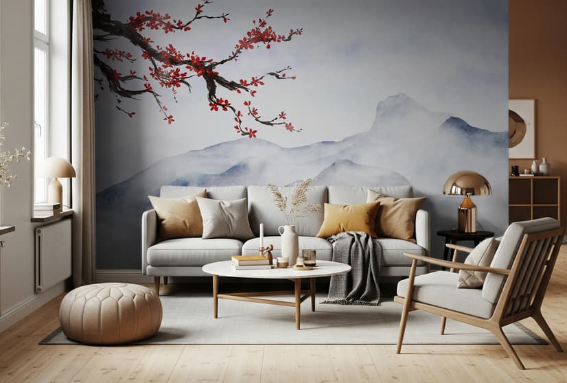 Snowy Mountainscape with Cherry Blossom Wallpaper Mural