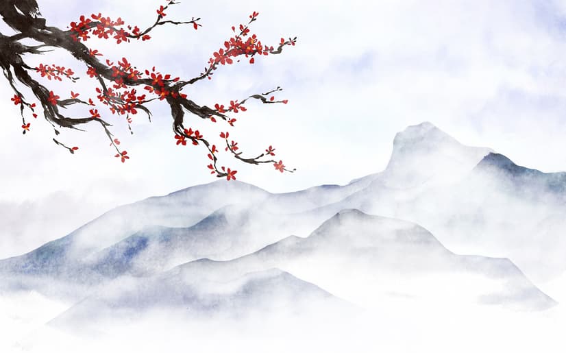 Snowy Mountainscape with Cherry Blossom Wallpaper Mural