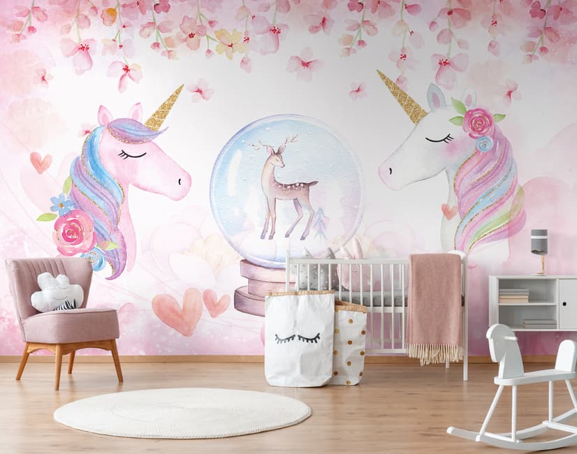 Fototapete für Mädchen mit Einhorn und pinken Blumen