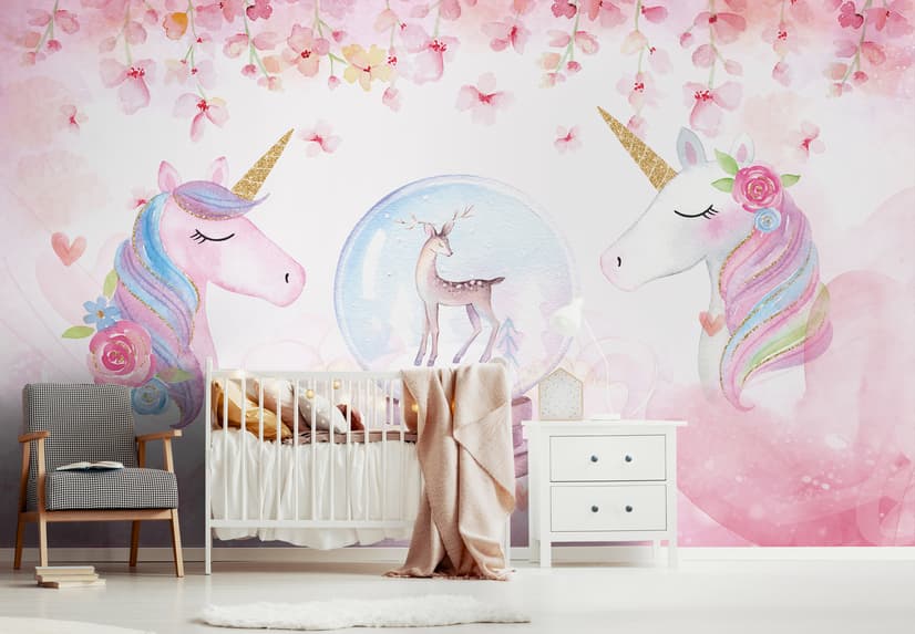 Kids Girls Unicorn with Pink Florals Wallpaper Mural