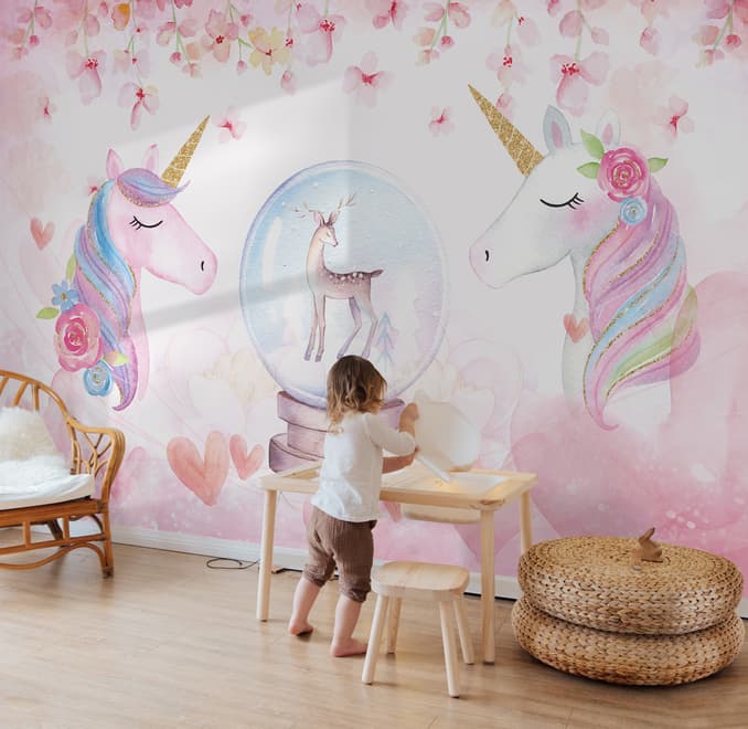 Kids Girls Unicorn with Pink Florals Wallpaper Mural
