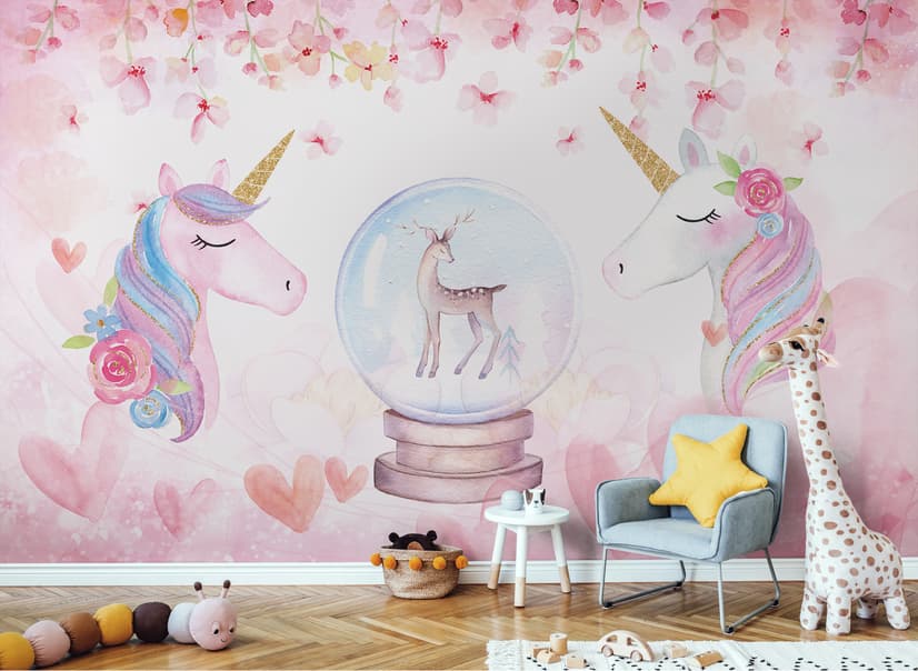 Kids Girls Unicorn with Pink Florals Wallpaper Mural
