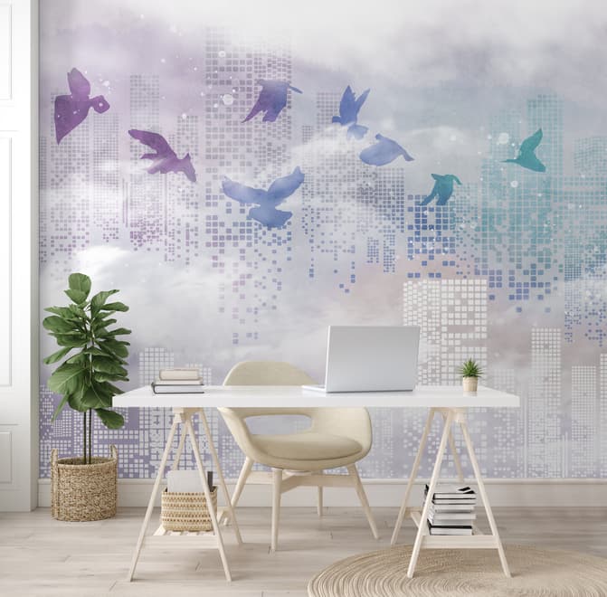 Abstract City with Purple Birds Wallpaper Mural