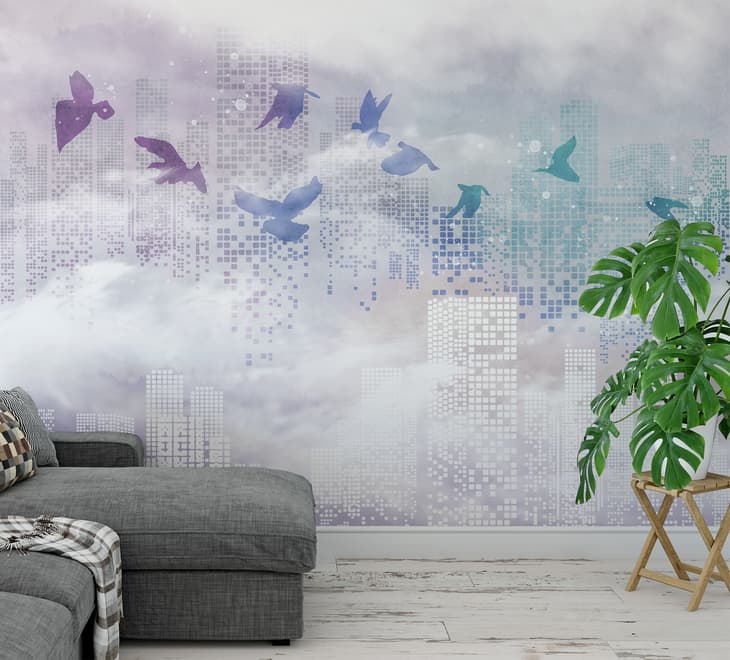Abstract City with Purple Birds Wallpaper Mural