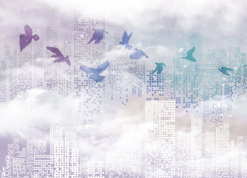 Abstract City with Purple Birds Wallpaper Mural