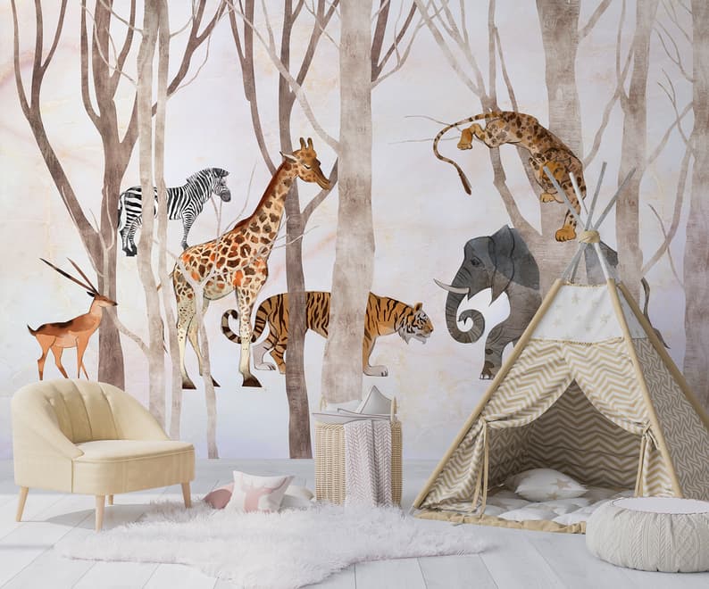 Watercolor Wild Animals Wallpaper Mural