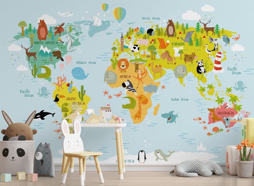 Papier peint panoramique pour enfants - Carte du monde avec animaux
