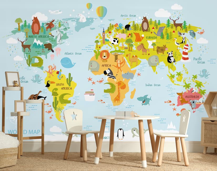 Сolorful Kids World Map with Animals Wallpaper Mural
