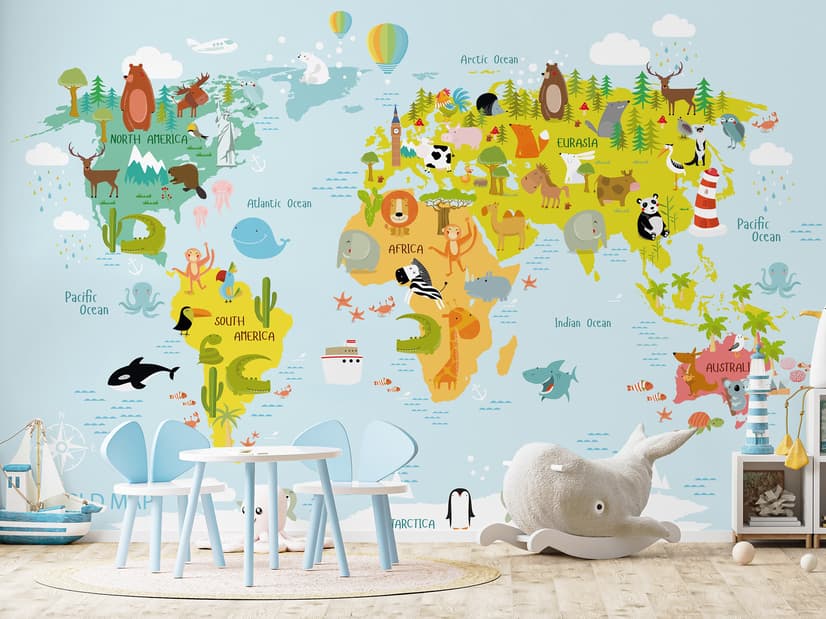 Сolorful Kids World Map with Animals Wallpaper Mural