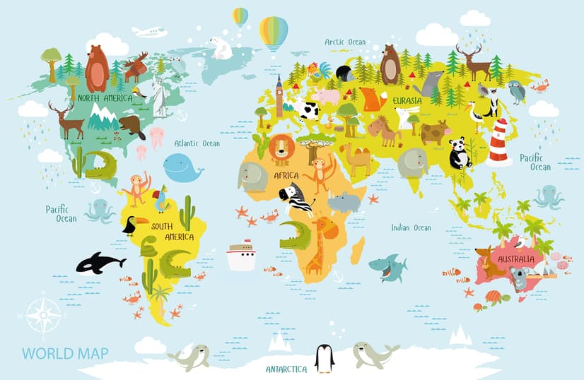 Сolorful Kids World Map with Animals Wallpaper Mural