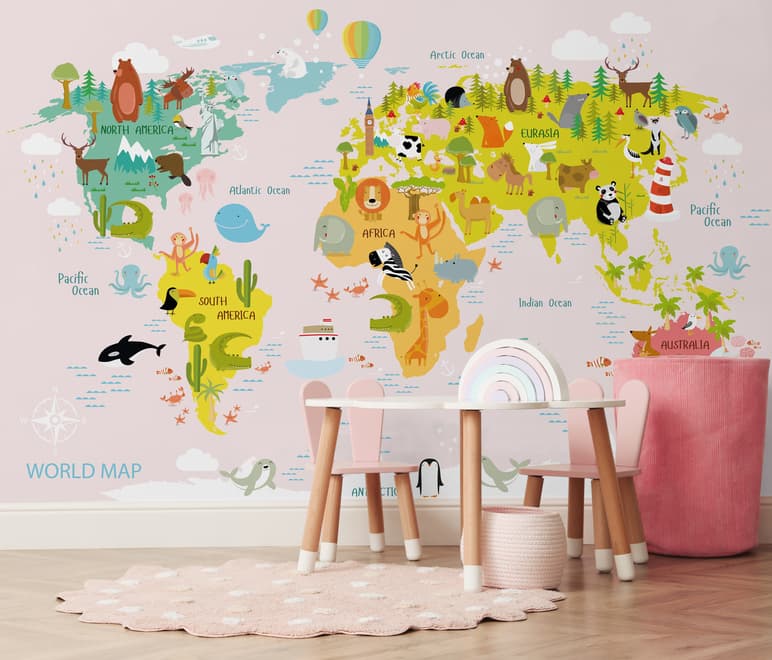 Сolorful Kids World Map with Animals Wallpaper Mural