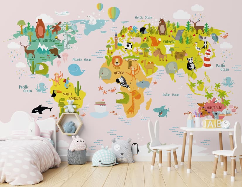 Сolorful Kids World Map with Animals Wallpaper Mural