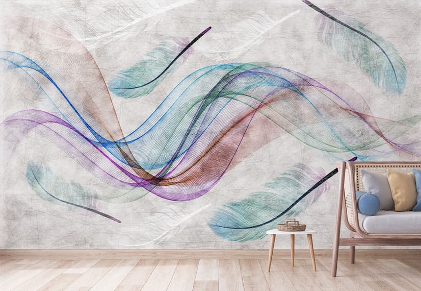 Papier peint panoramique en forme de plumes abstraites et colorées
