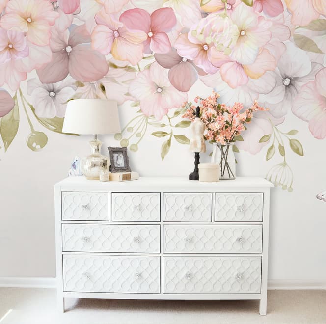 Pink Hydrangea Floral Art Wallpaper Mural