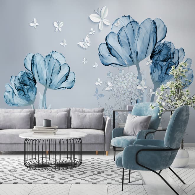 Papier peint panoramique bleu transparent, floral et papillons blancs
