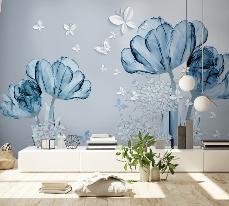 Blue Transparent Floral and White Butterflies Wallpaper Mural
