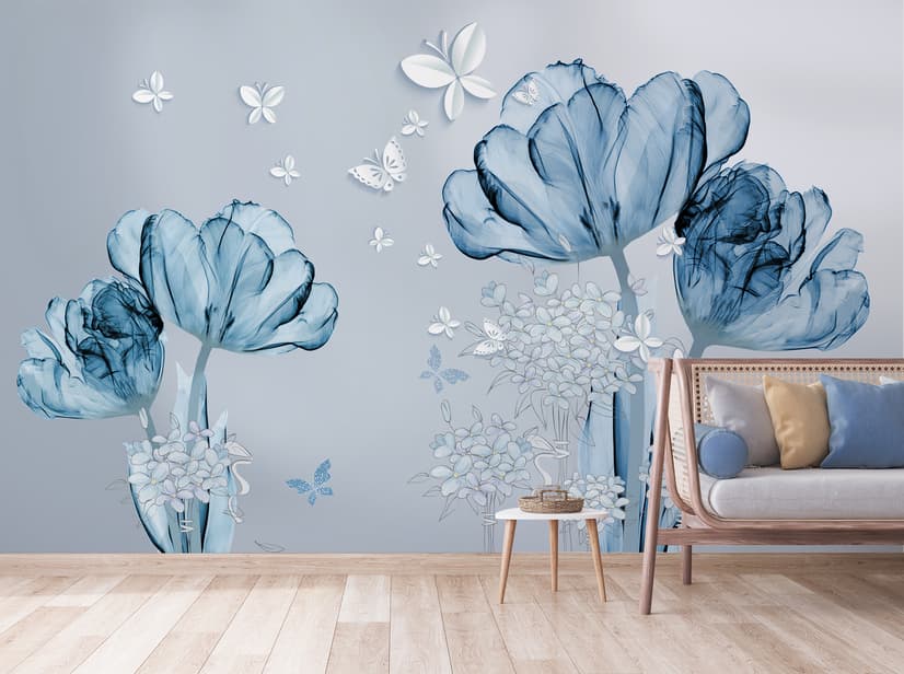 Blue Transparent Floral and White Butterflies Wallpaper Mural