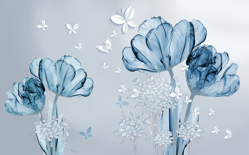 Blue Transparent Floral and White Butterflies Wallpaper Mural