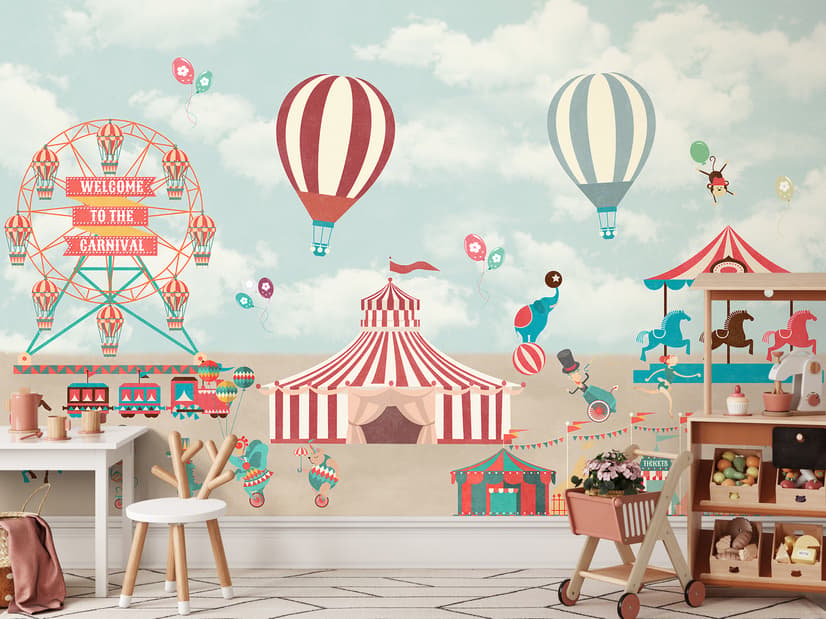 Red Circus with Hot Air Balloon Wallpaper Mural