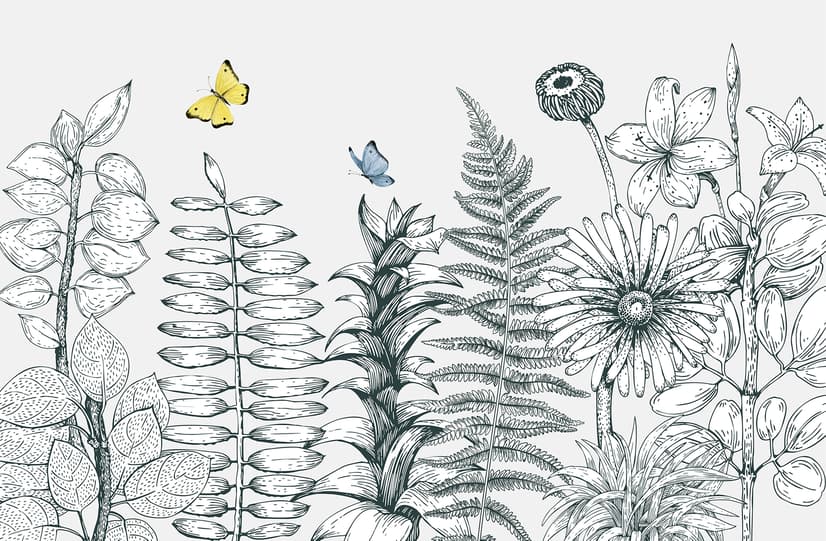 Charcoal Leaf and Flower Wallpaper Mural
