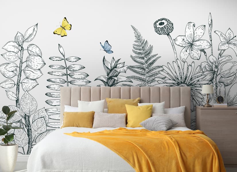 Charcoal Leaf and Flower Wallpaper Mural