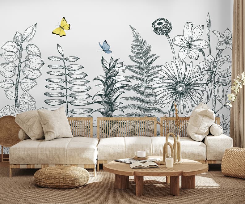 Charcoal Leaf and Flower Wallpaper Mural