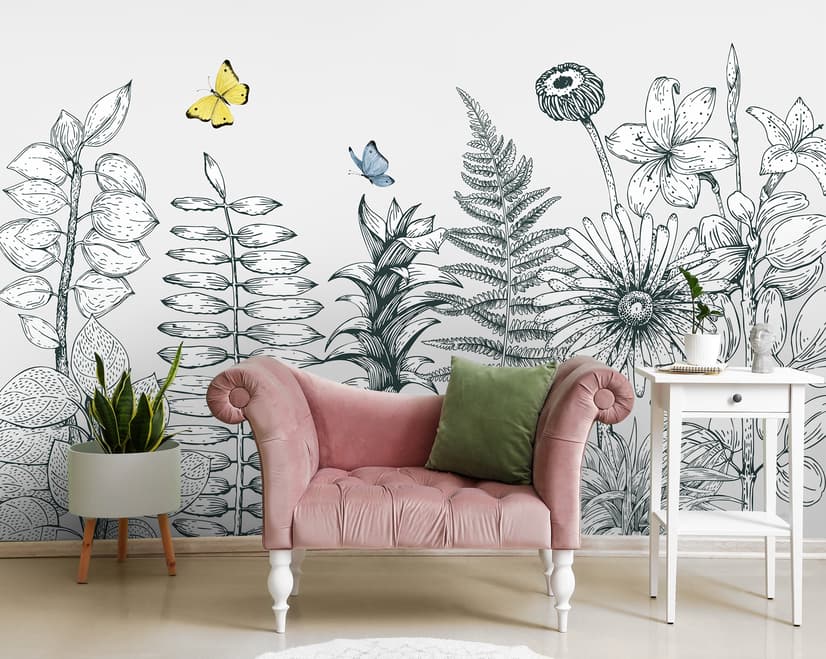 Charcoal Leaf and Flower Wallpaper Mural