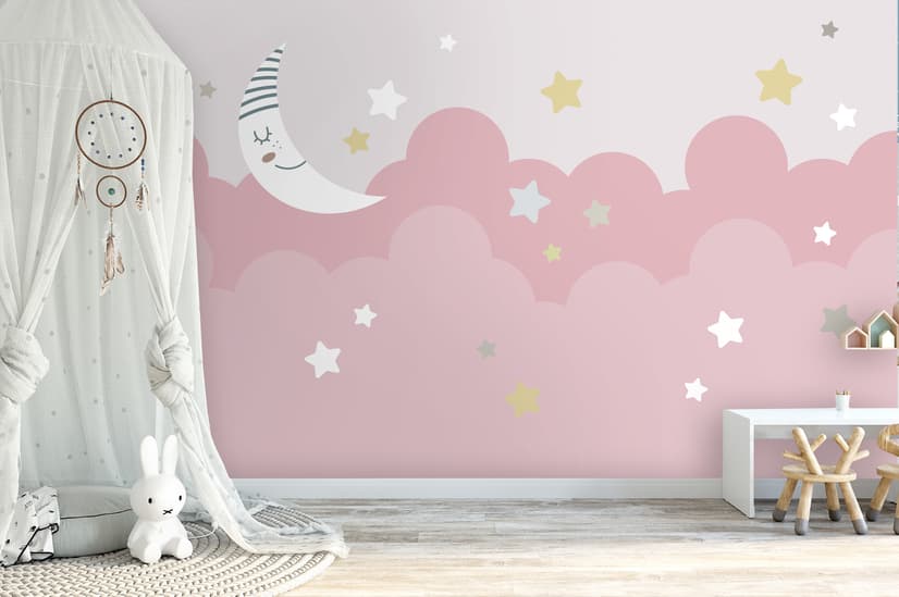 Cartoon Pinker Himmel und Mond Fototapete