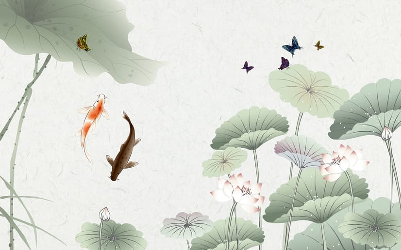 Watercolor Lotus Flower and Butterflies Wallpaper Mural