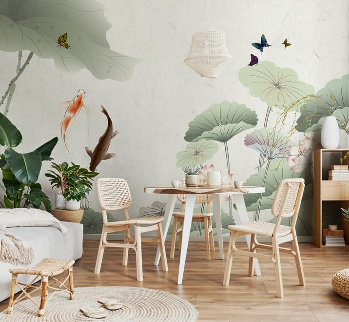 Watercolor Lotus Flower and Butterflies Wallpaper Mural
