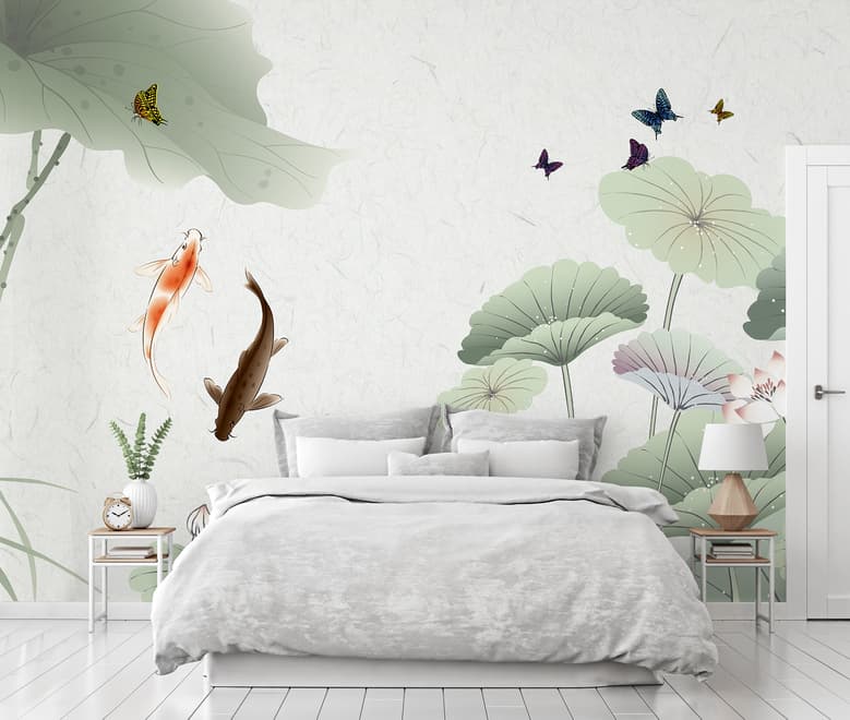 Watercolor Lotus Flower and Butterflies Wallpaper Mural