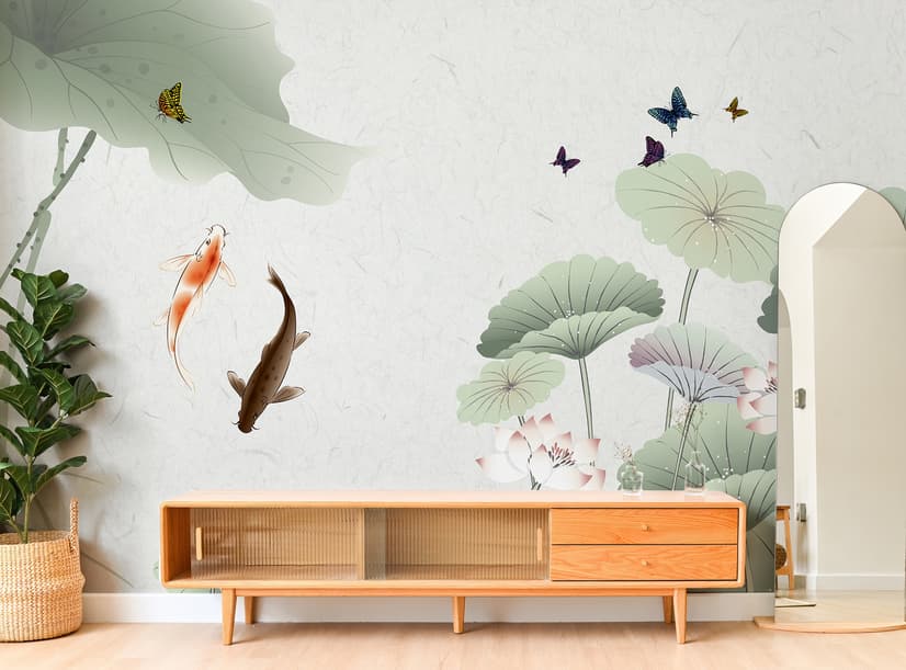 Watercolor Lotus Flower and Butterflies Wallpaper Mural