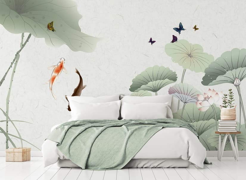 Watercolor Lotus Flower and Butterflies Wallpaper Mural