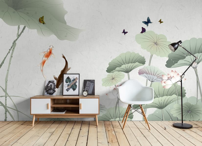 Watercolor Lotus Flower and Butterflies Wallpaper Mural