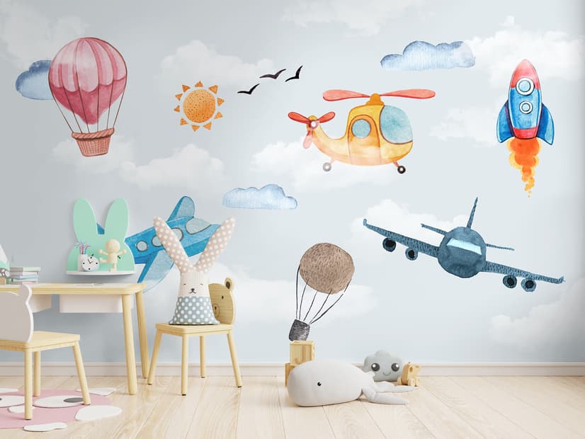 Fototapete mit Cartoon-Flugzeugen und rosa Heißluftballon
