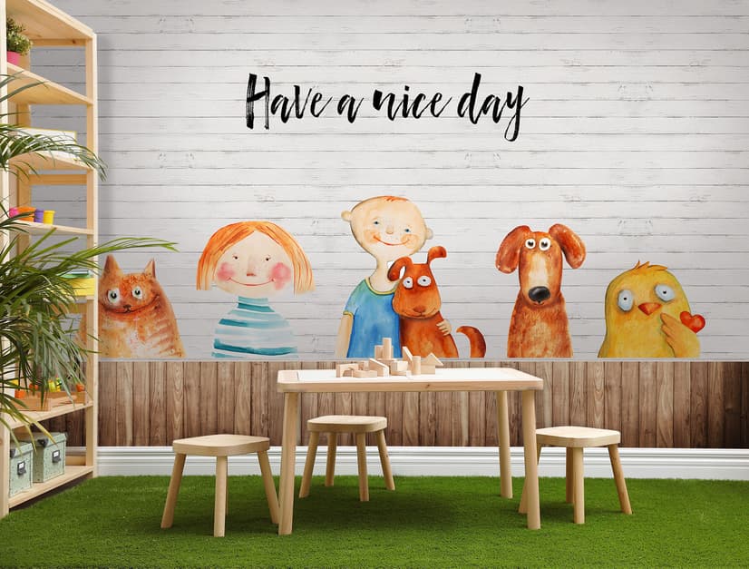 Papier peint panoramique petits enfants et chiens