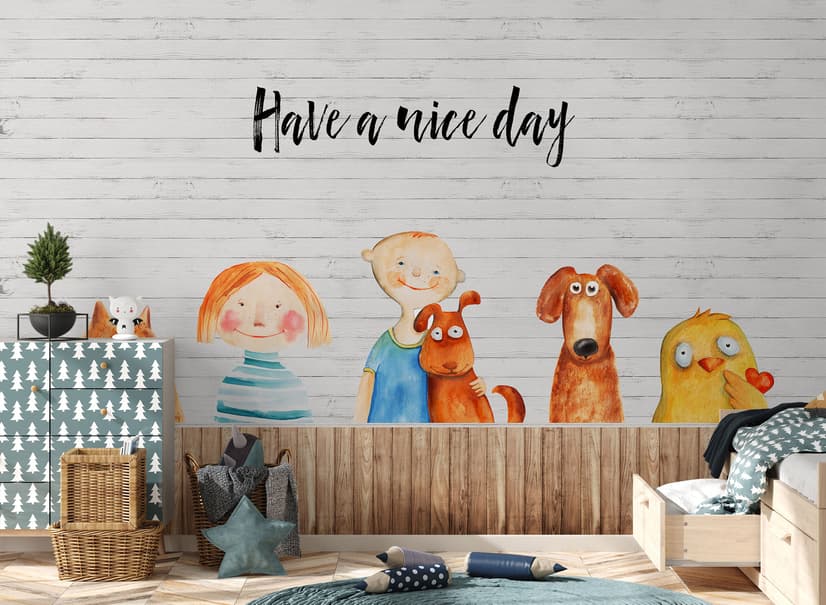 Papier peint panoramique petits enfants et chiens