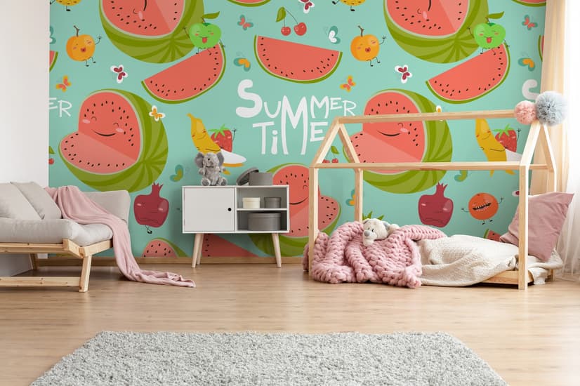 Papier peint panoramique aquarelle pastèque et fruits d'été