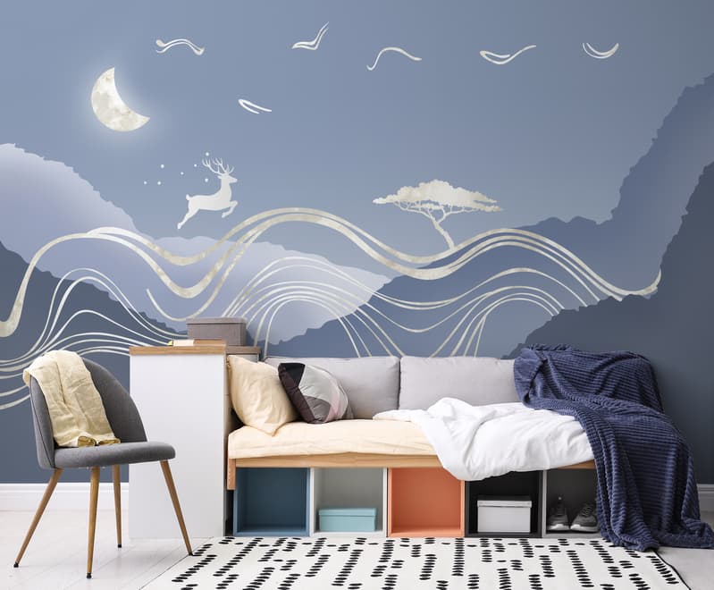 Watercolor Abstract Lines and Horned Deer Wallpaper Mural