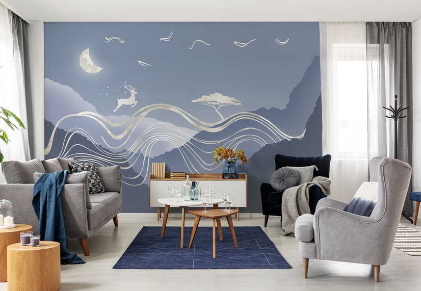 Watercolor Abstract Lines and Horned Deer Wallpaper Mural