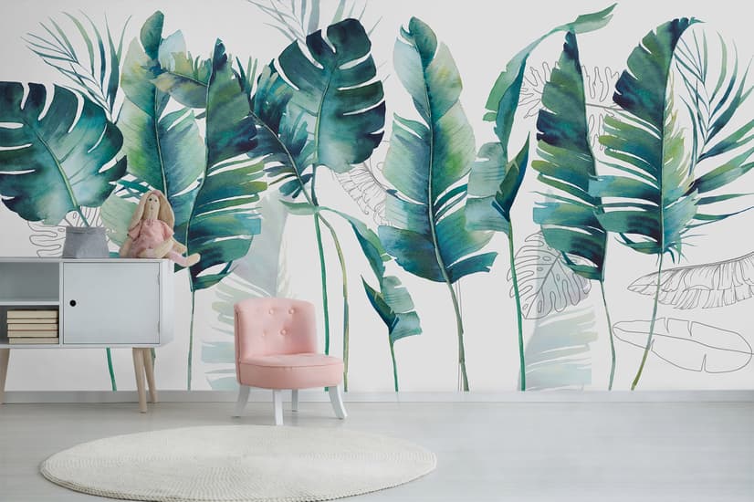 Monochrome Green Banana Leaf Wallpaper Mural
