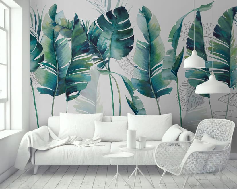 Monochrome Green Banana Leaf Wallpaper Mural