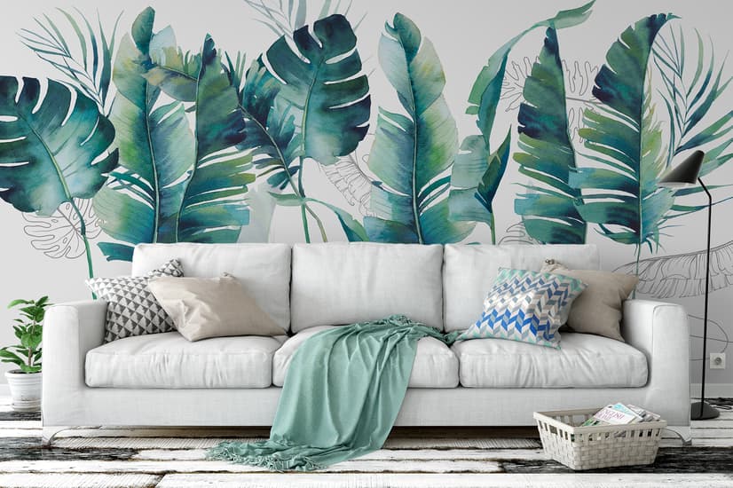 Monochrome Green Banana Leaf Wallpaper Mural