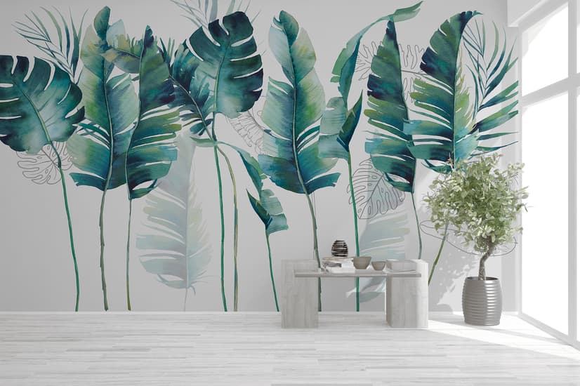 Monochrome Green Banana Leaf Wallpaper Mural